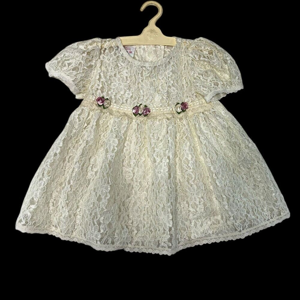 Vintage Allison Ann Ivory Lace Toddler Dress Satin Ribbon Roses‎ Size 4T